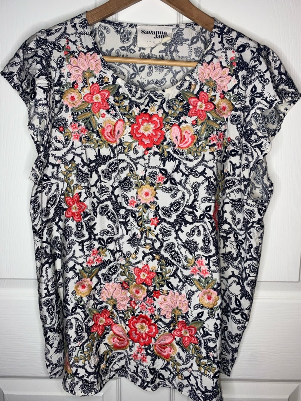Savanna Jane Black & White Paisley Top with Pink and Red Floral Embroidery